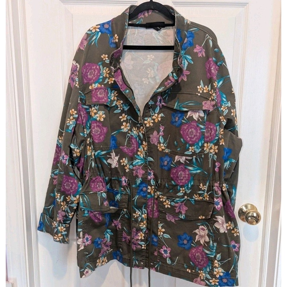 Boho Cottagecore Floral Utility Cargo Jacket Plus Size Drawstring Military 26/28